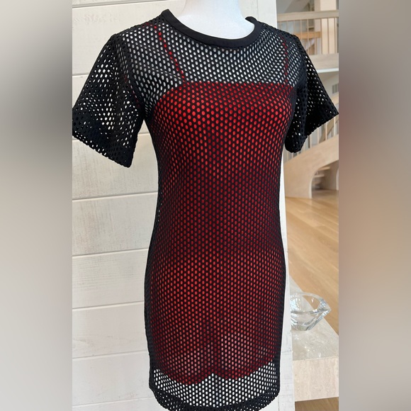 Sandro Paris Black Mesh Mini dress with Orange Sheath under layer. Size Small - Picture 3 of 10